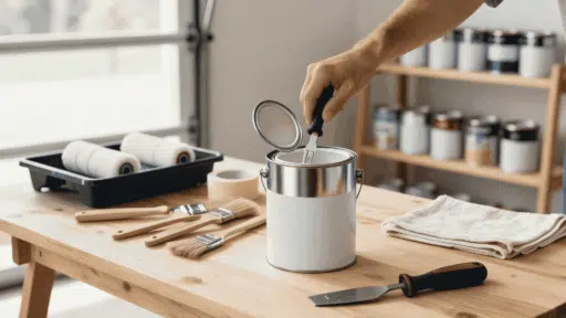 person is using a spatula to stir white paint in an open can on a wooden table with paint brushes and a cloth nearby