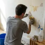 Person removing wallpaper glue from a wall with a scraper and sponge