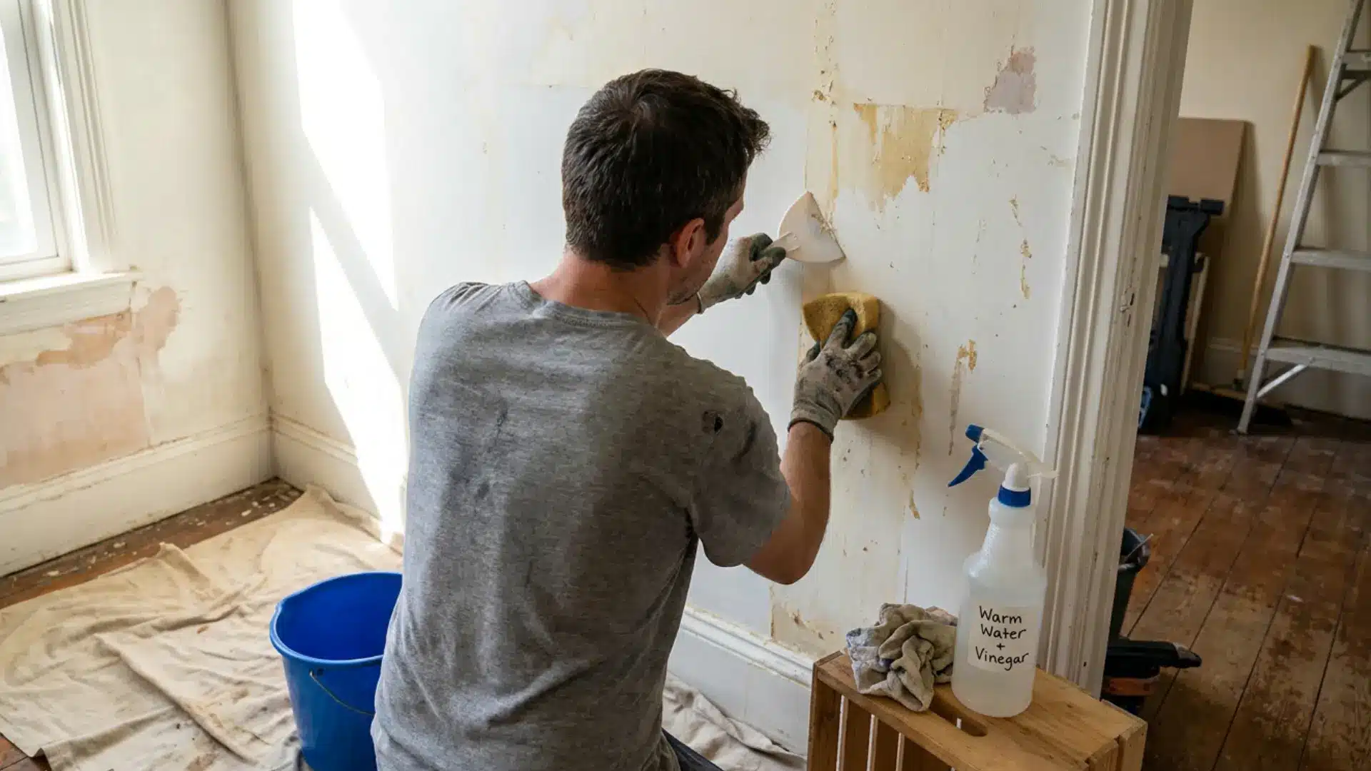 Person removing wallpaper glue from a wall with a scraper and sponge