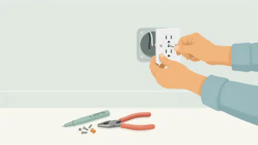 person safely replacing a wall outlet using a screwdriver in a clean modern flat vector illustration style
