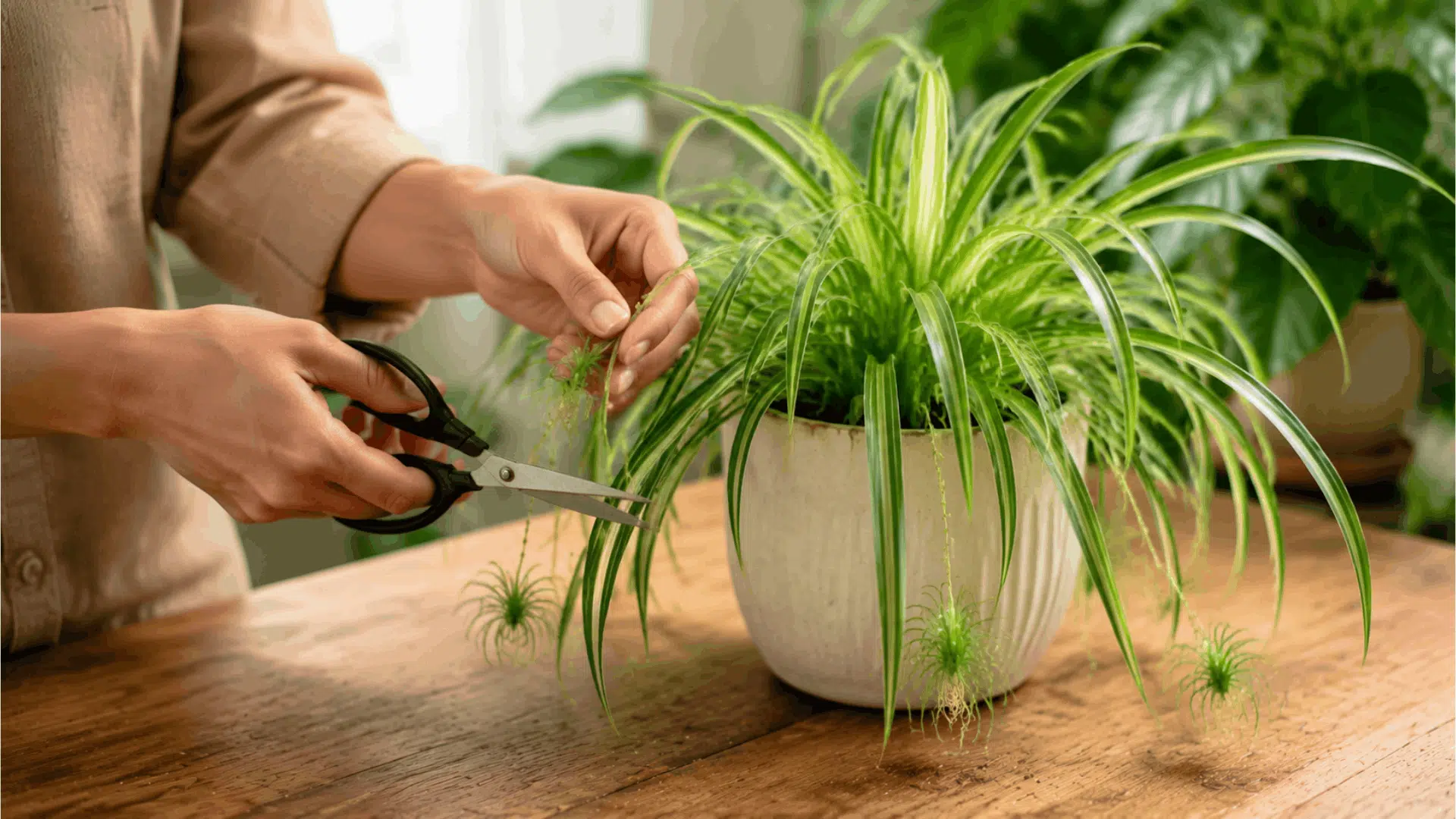 person trimming spider plant leaves with scissors during indoor plant care in bright natural light (1)