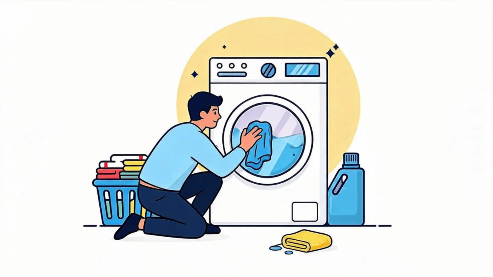 person wiping the front glass door of a washer with a damp cloth while the bottom drain filter door is open