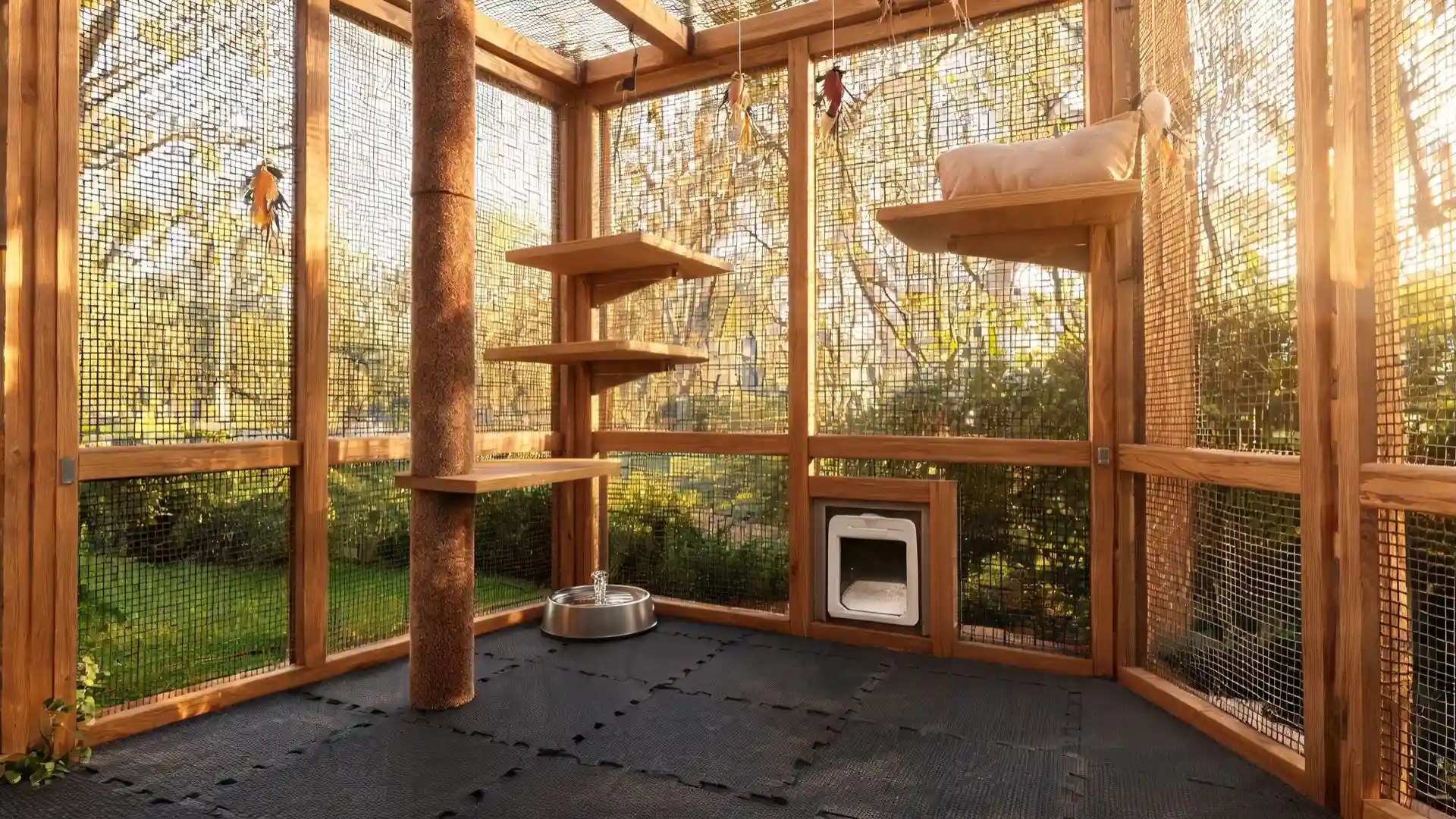 carpeted climbing post with tiered wooden wall platforms and a pet door cut into the lower screen frame