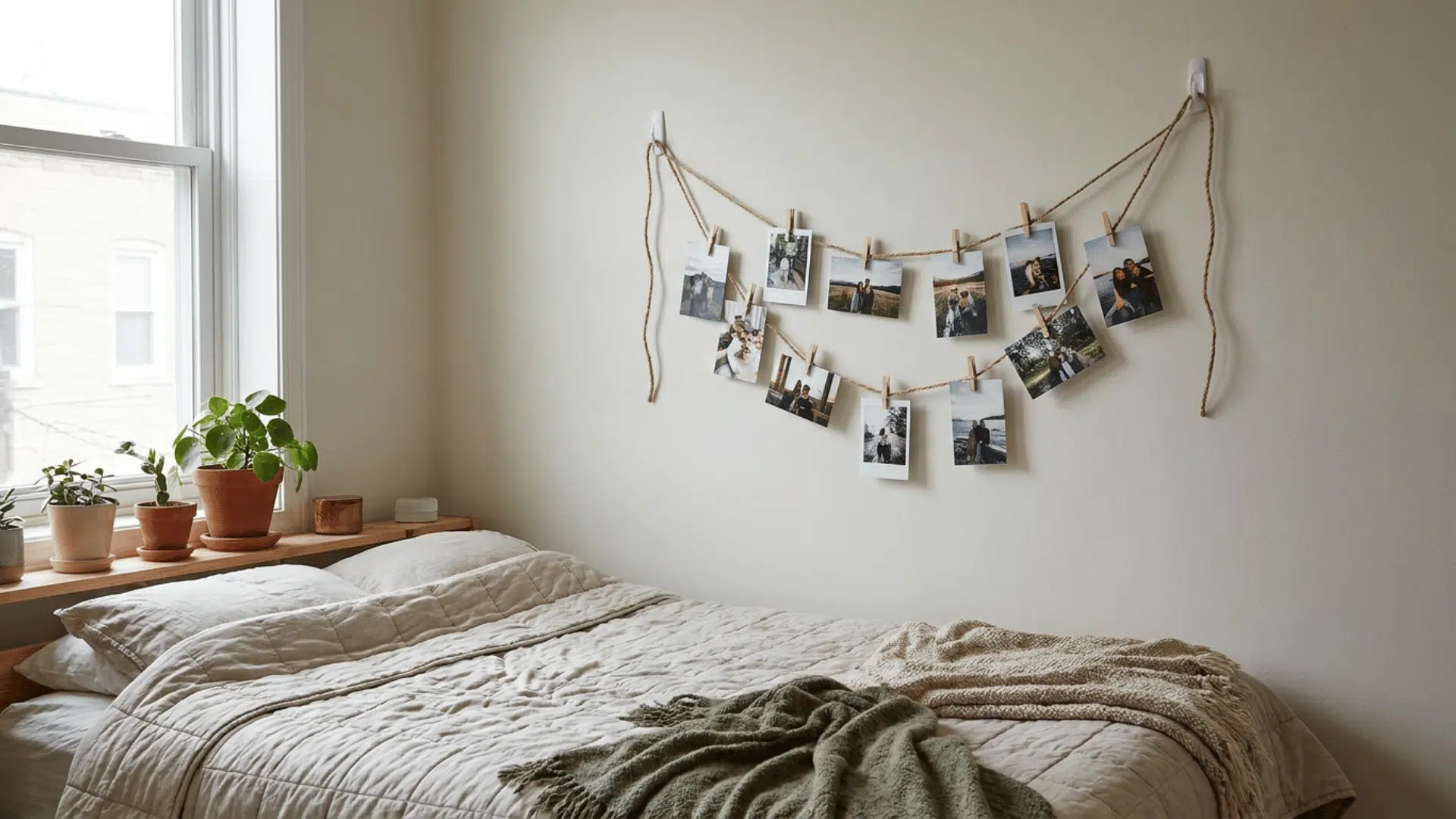 photo display hanging from string attached to two wall hooks