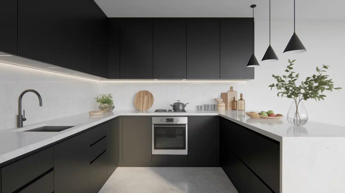 Photorealistic black kitchen with quartz counters, built-in stove, realistic corner composition