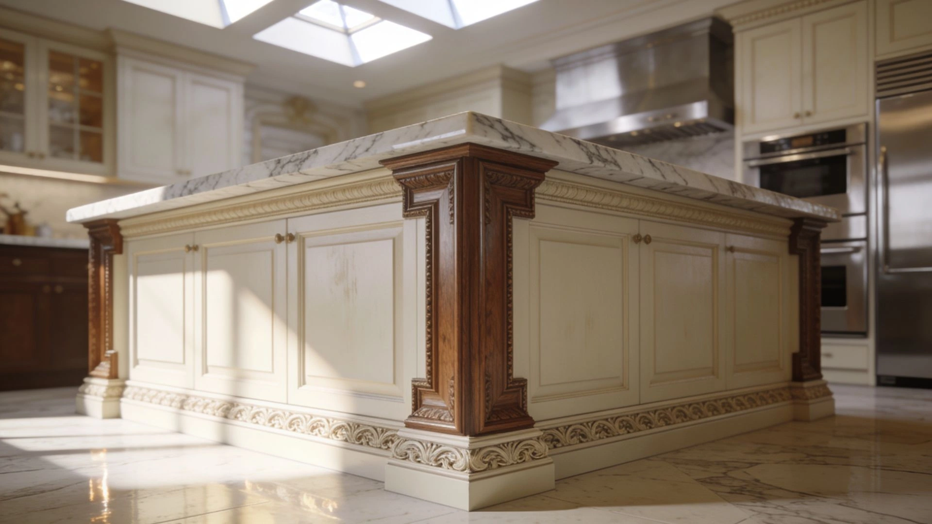 picture frame end panels with ornate carved wood columns on cream kitchen island