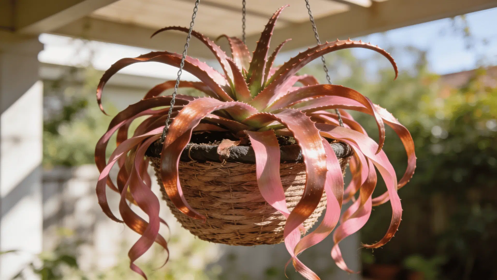 pink and bronze succulent in a hanging basket with curling leaves glowing in warm patio sunlight
