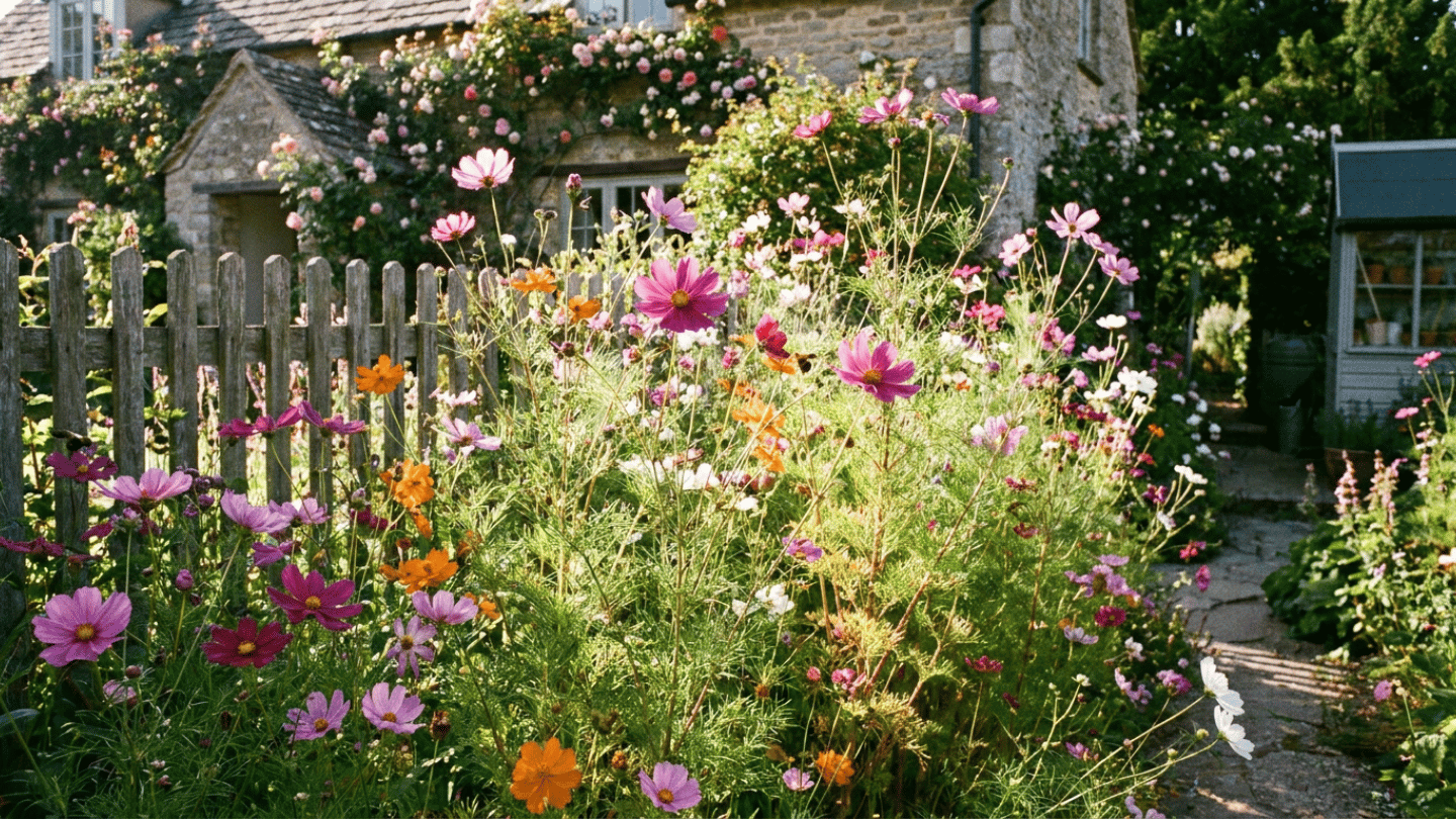 pink and orange cosmos flowers blooming beside a wooden fence in a sunny cottage garden with stone pathways