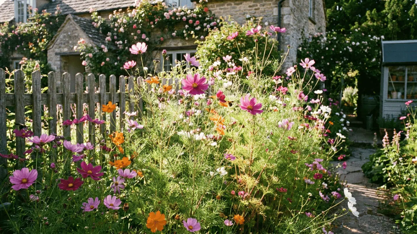 pink and orange cosmos flowers blooming beside a wooden fence in a sunny cottage garden with stone pathways