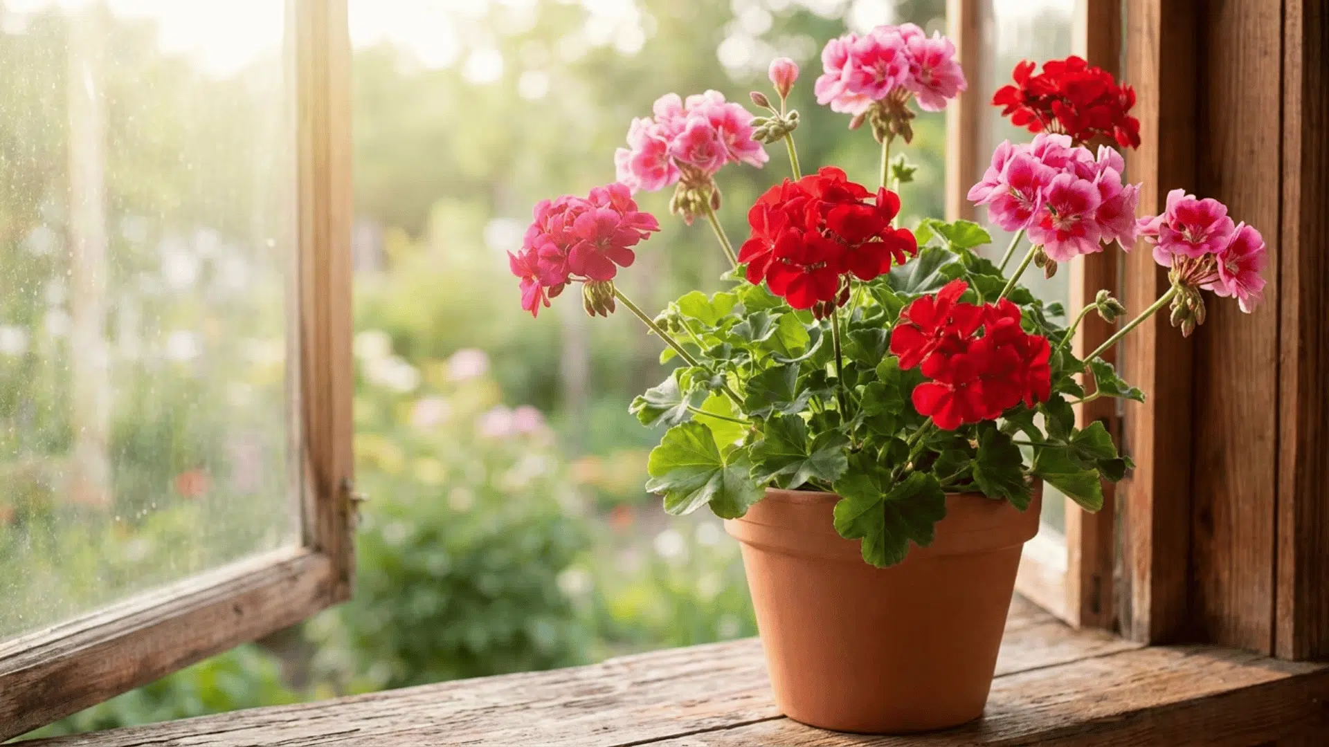 pink and red geranium flowers blooming in a clay pot beside an open wooden window with soft garden sunlight