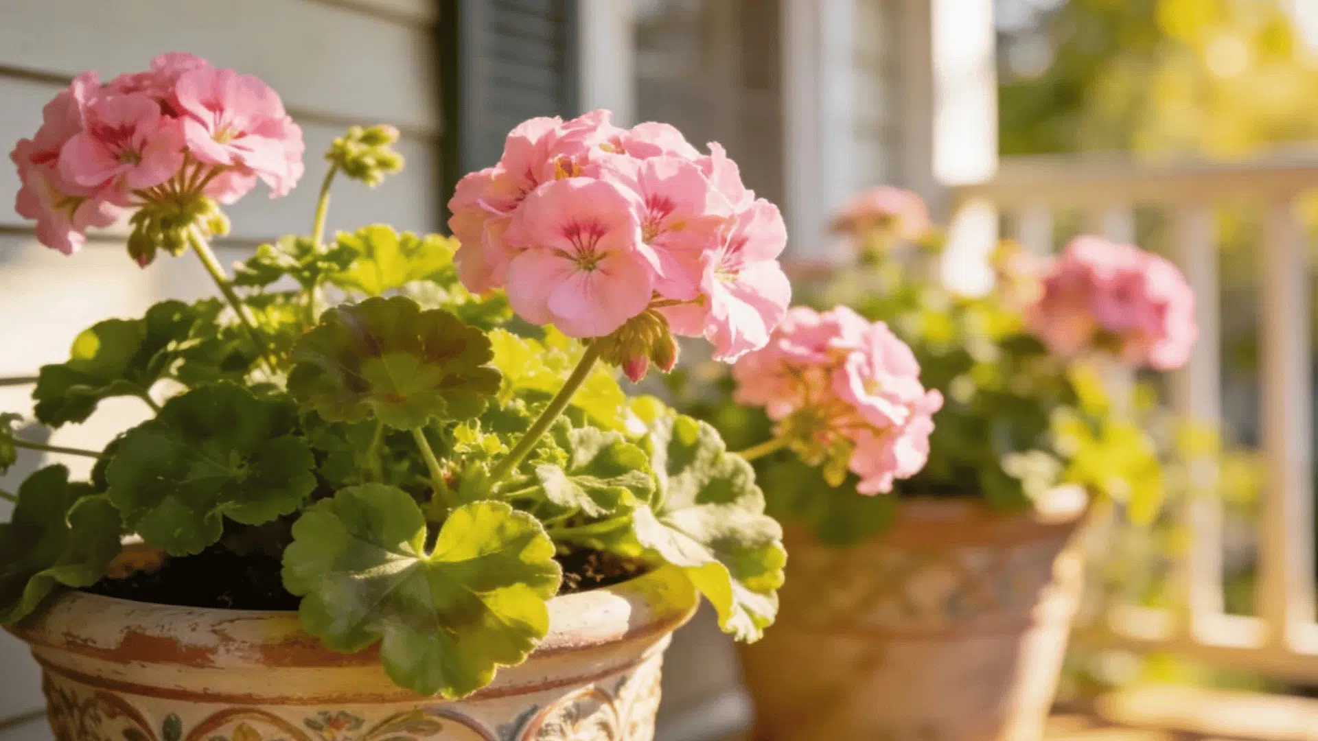 pink geranium flowers blooming in decorative pots on a sunlit porch railing