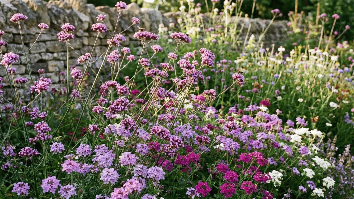 pink purple and white wildflowers blooming beside a rustic stone wall in a lush cottage garden setting