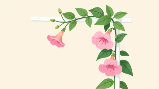 pink trumpet shaped mandevilla flowers climbing a white garden trellis with glossy green leaves in soft daylight