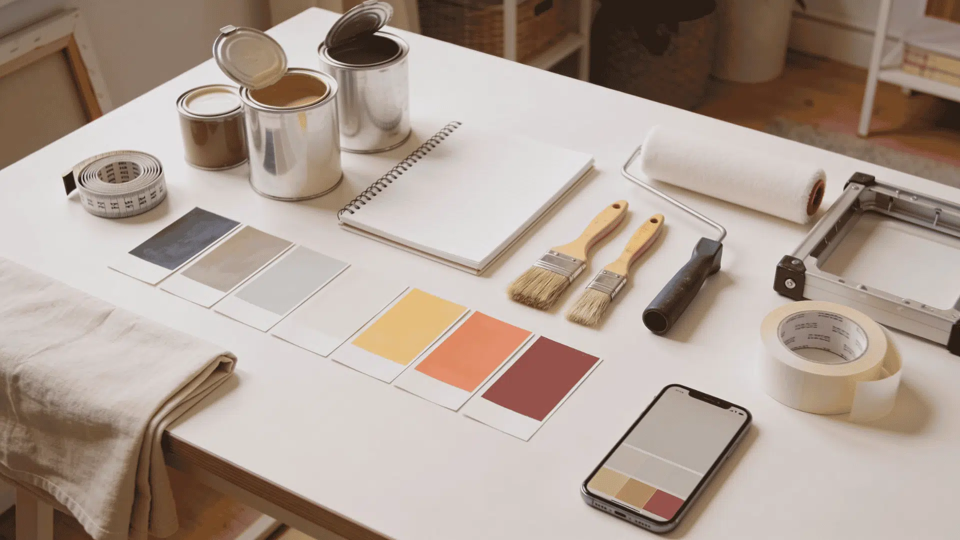 planning paint supplies with color swatches brushes rollers tape and drop cloth on a table