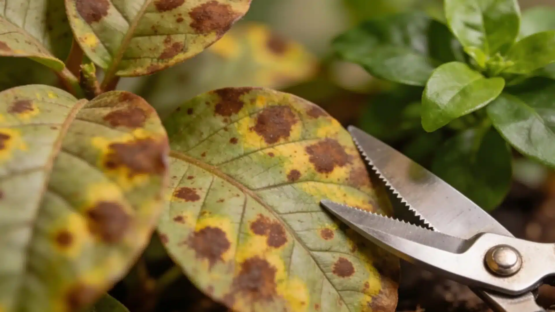 plant leaves with brown spots and yellow patches beside open pruning shears