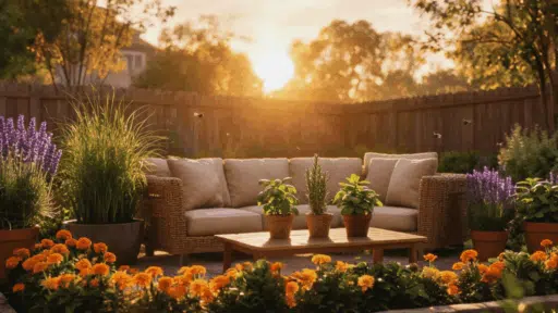 plants that repel bugs from your yard in a cozy backyard patio garden at sunset