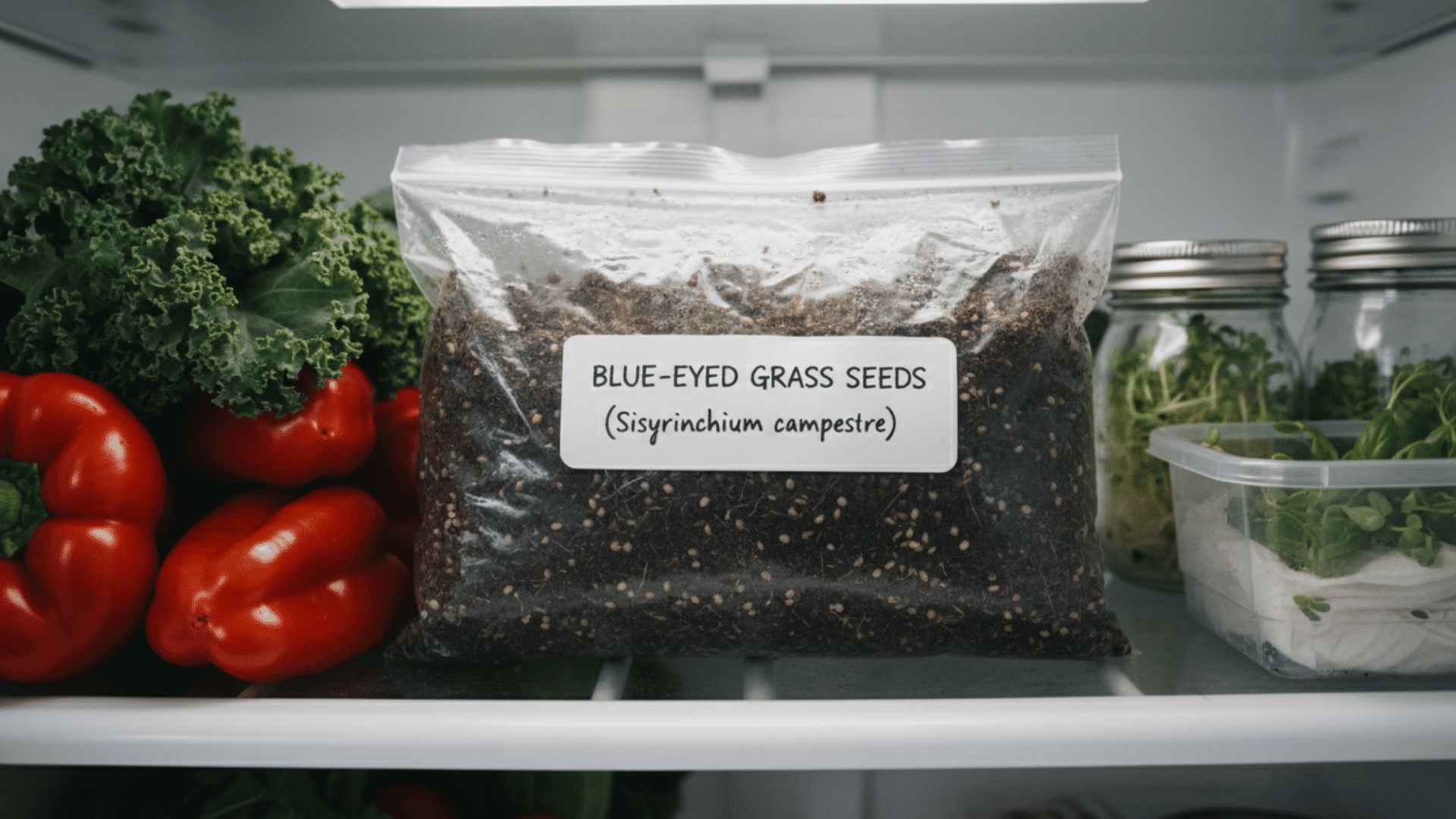 Plastic bag labeled blue-eyed grass seeds stored inside a refrigerator beside fresh vegetables and containers during cold stratification for seed germination.