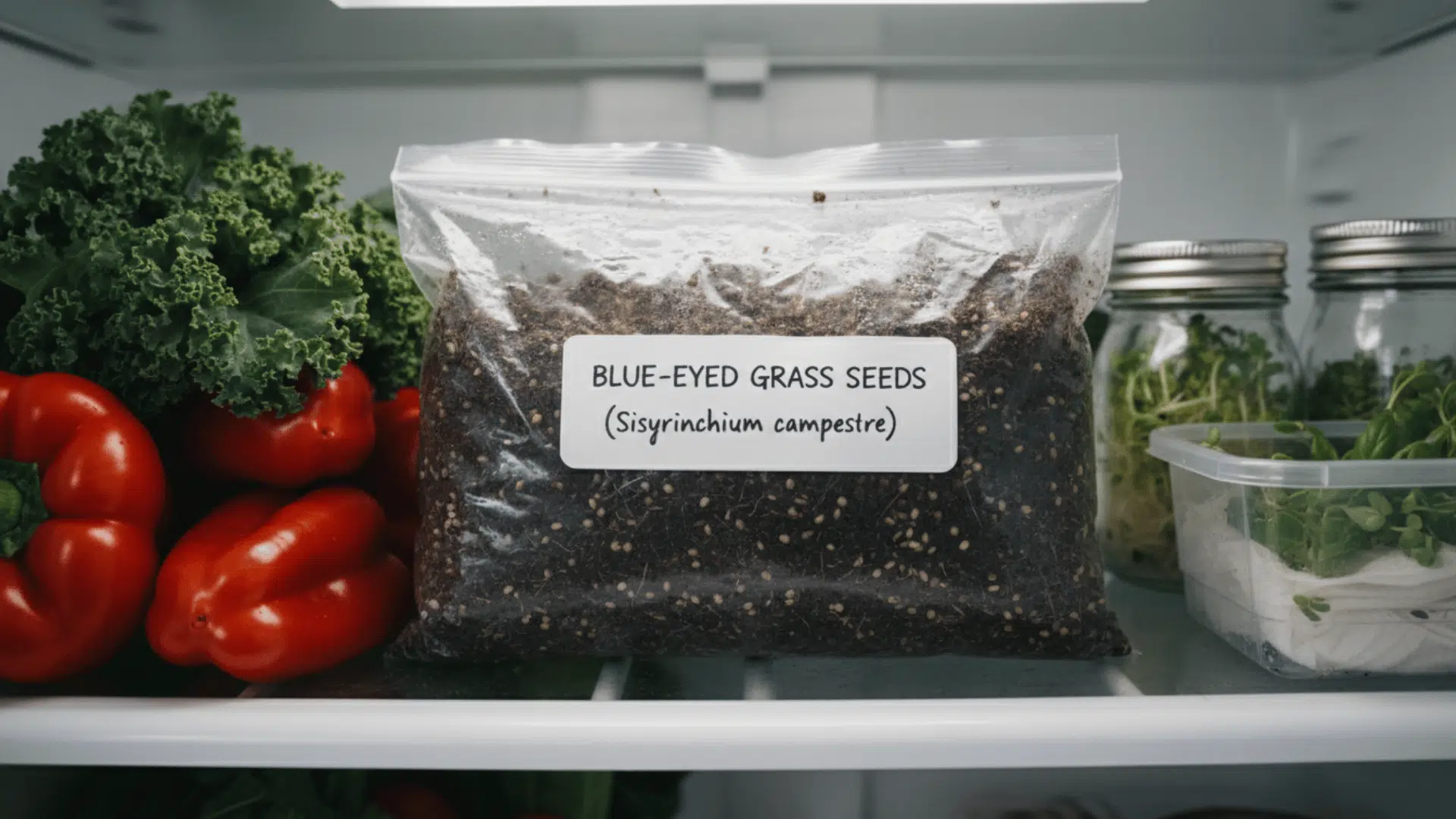 Plastic bag labeled blue-eyed grass seeds stored inside a refrigerator beside fresh vegetables and containers during cold stratification for seed germination.