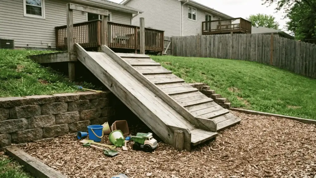 childrens slide built into a backyard slope with mulch ground cover below