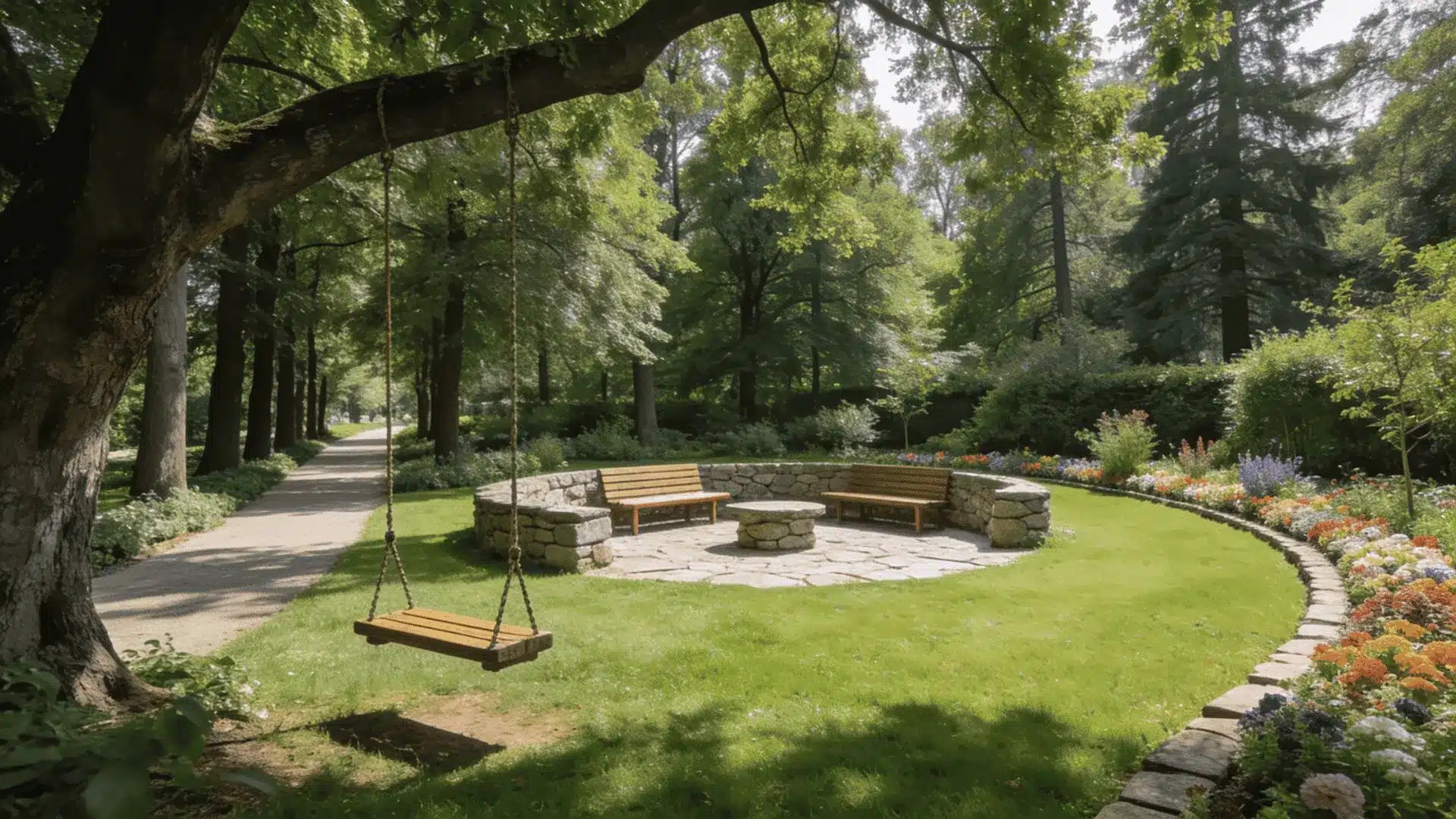 wooden tree swing overlooks a circular stone seating area with benches lawn paths and colorful flower beds