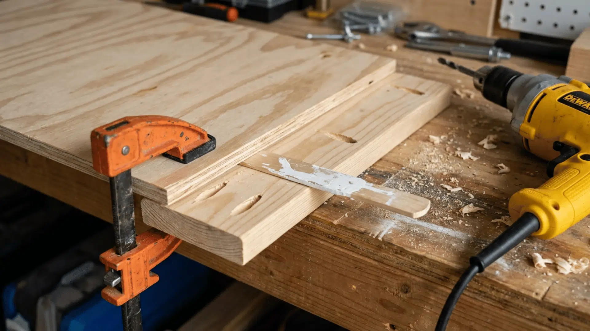 plywood vanity side clamped to a trim board with pocket holes and a stir stick used as a shim