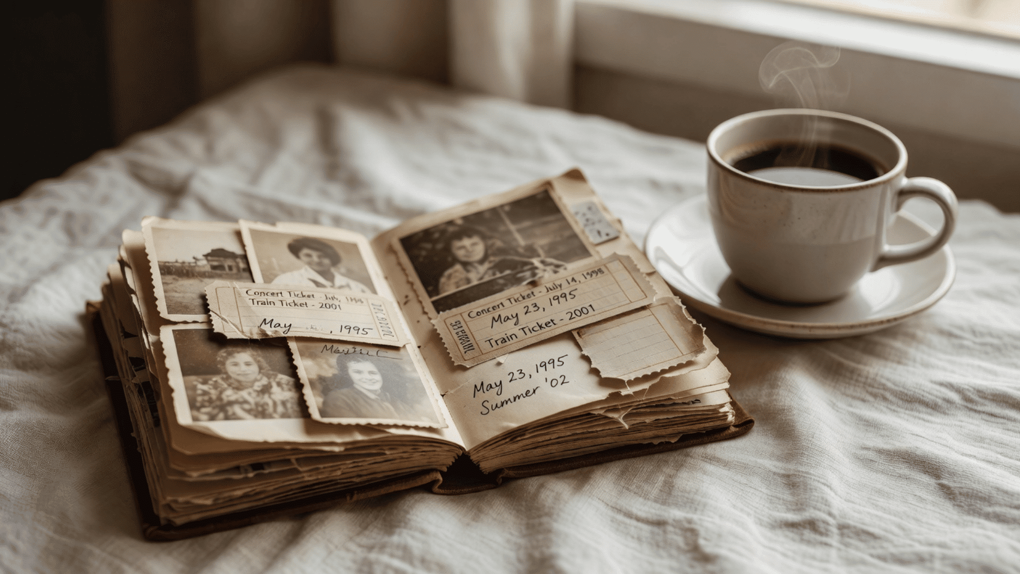 pocket-sized scrapbook open to photos and ticket stubs on a linen cloththree black candles in skull and pumpkin jars on a dark wooden mantel with branches