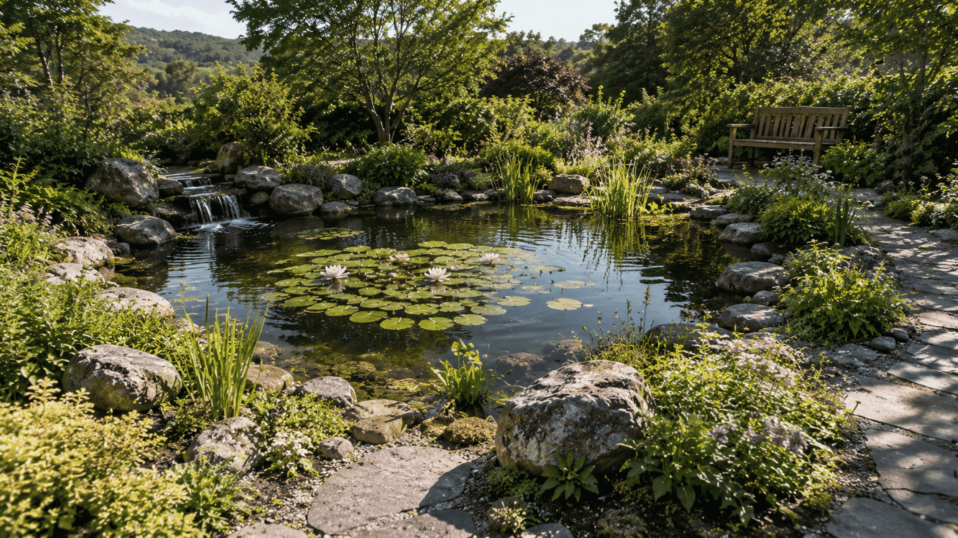 pond centered garden with water lilies natural stones and surrounding flower beds