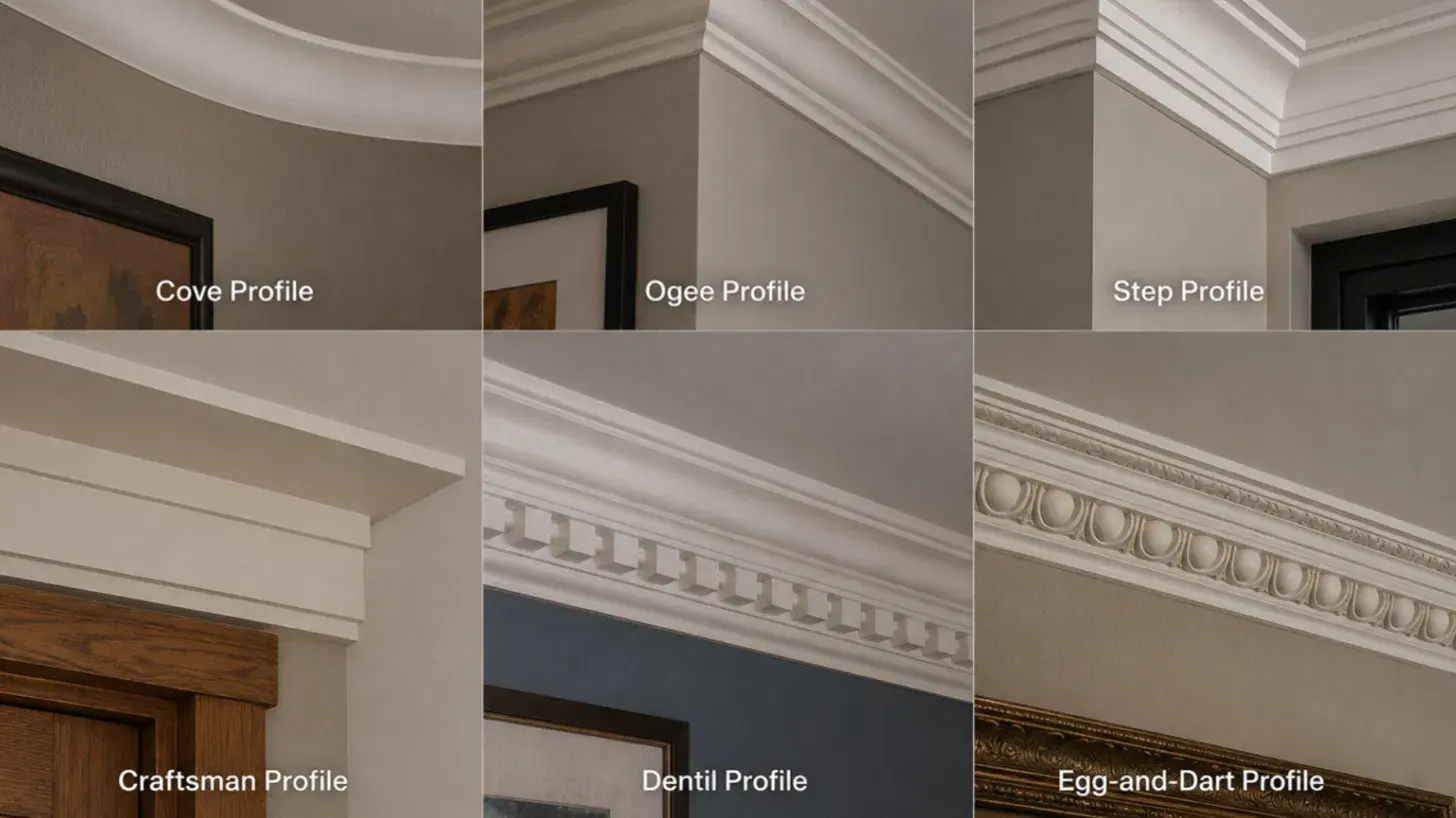 grid comparing six crown molding profiles including cove ogee step craftsman dentil and egg and dart