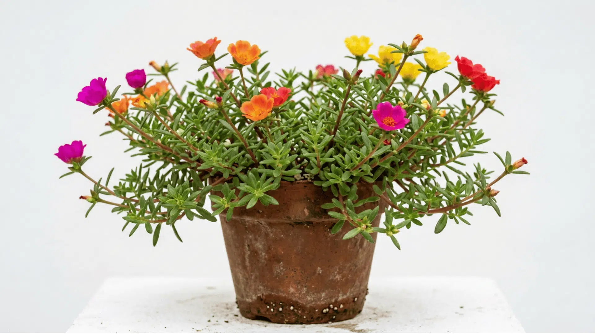 portulaca moss rose plant with small colorful flowers in pink orange yellow and red growing in a weathered terracotta pot