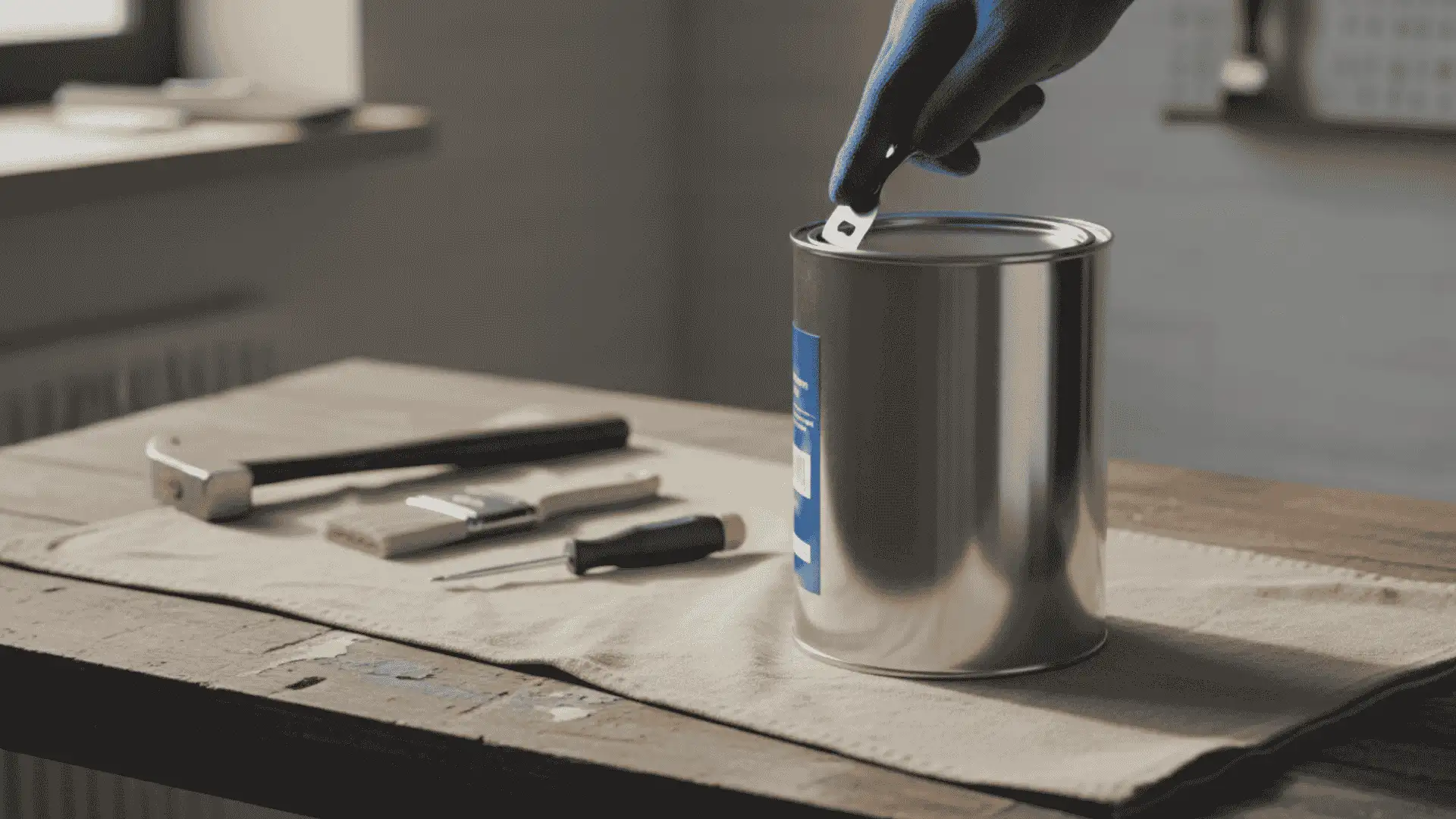 gloved hand placing a paint can opener under the lid while tools sit nearby on a covered work table