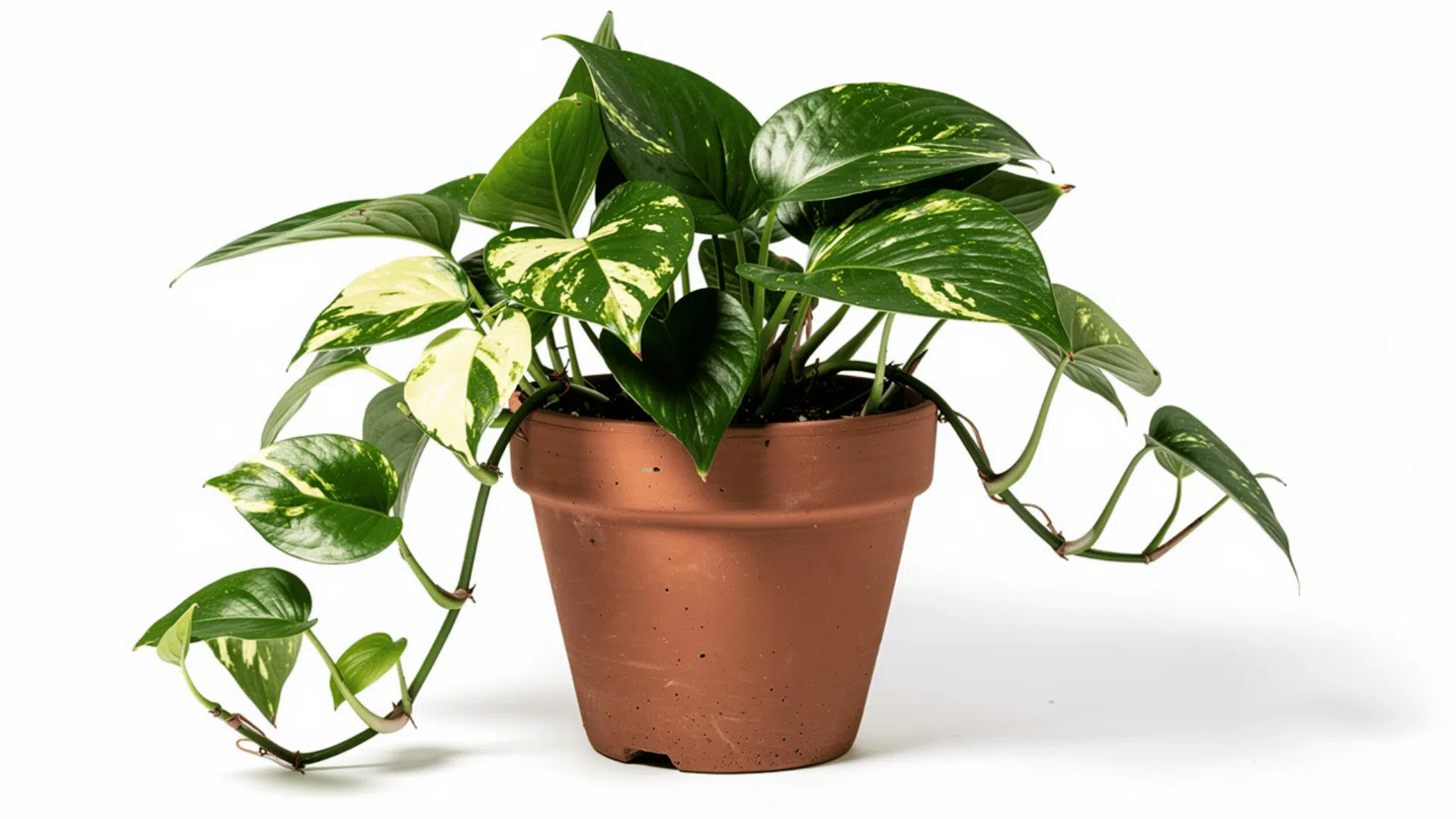 pothos money plant with heart shaped green and yellow variegated leaves trailing from a terracotta pot on a white background