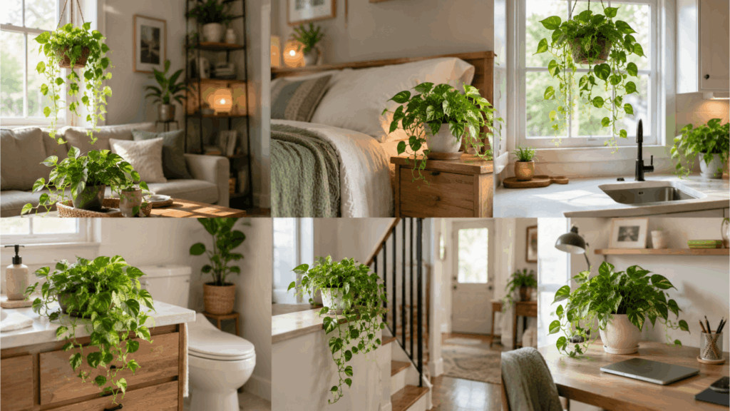 pothos plants displayed throughout living room bedroom kitchen bathroom hallway and home office spaces indoors