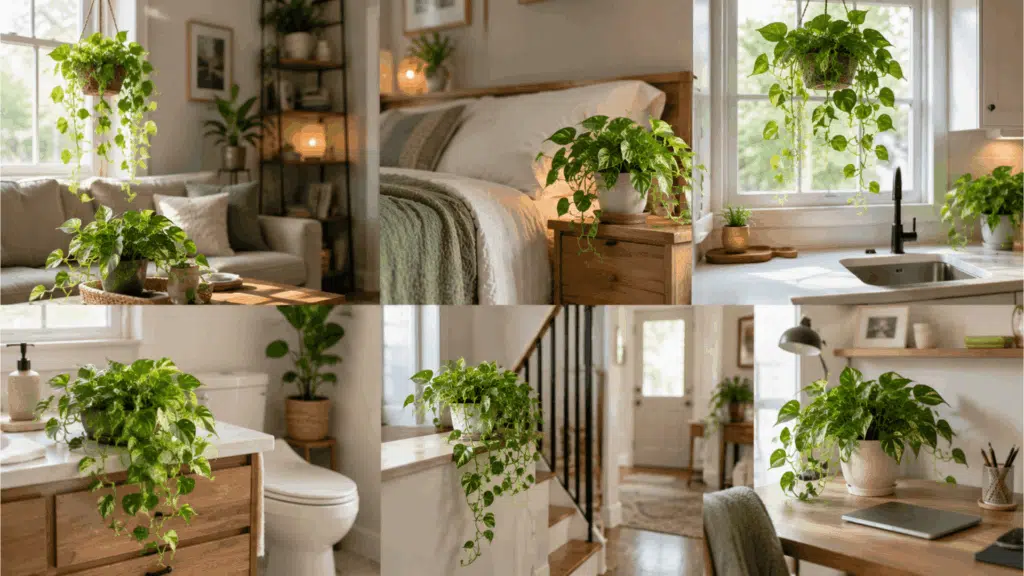 pothos plants displayed throughout living room bedroom kitchen bathroom hallway and home office spaces indoors
