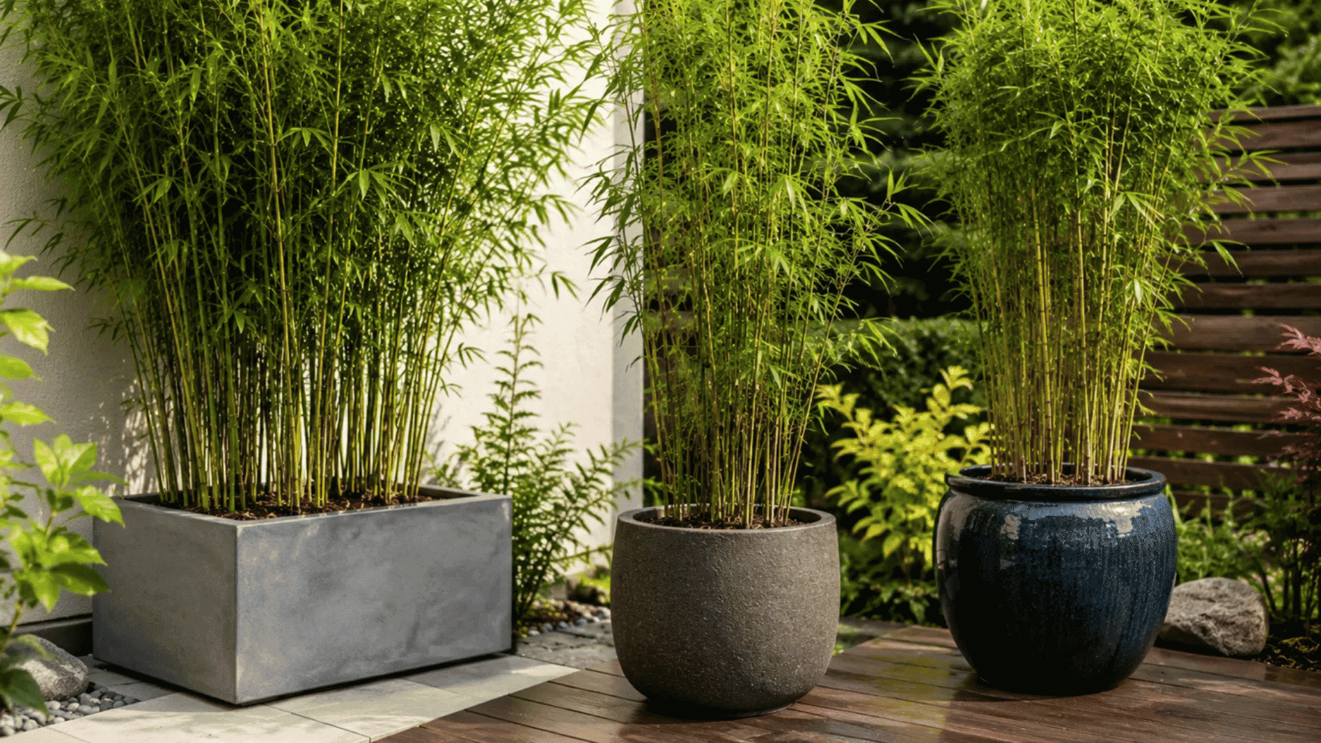 potted bamboo in different container styles used as patio privacy screens