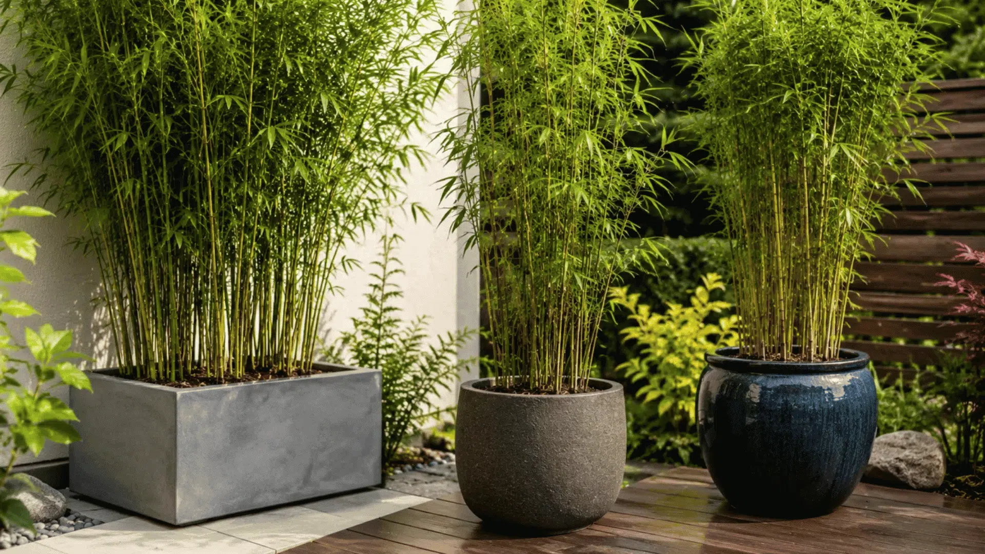 potted bamboo in different container styles used as patio privacy screens