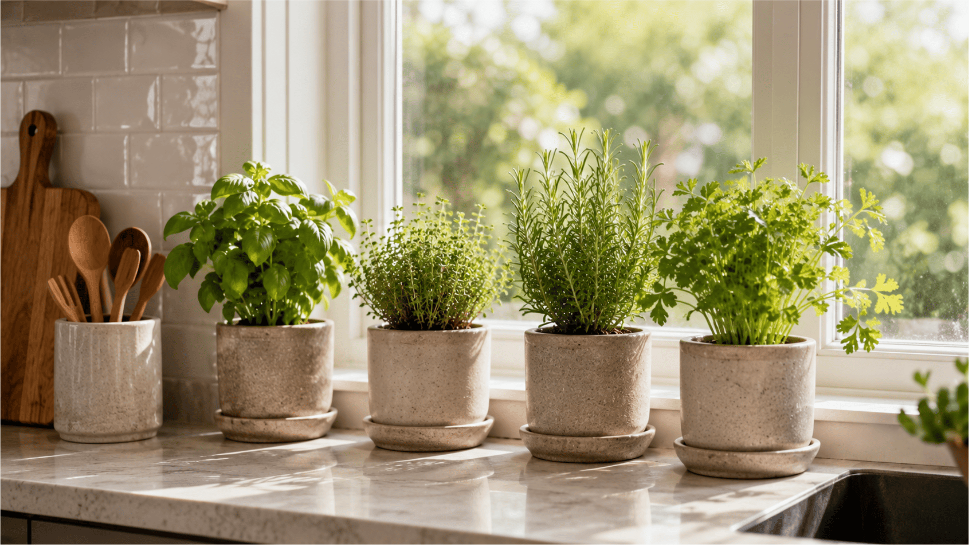 potted basil thyme rosemary and parsley herbs on a sunny kitchen windowsill beside wooden cooking utensils and sink