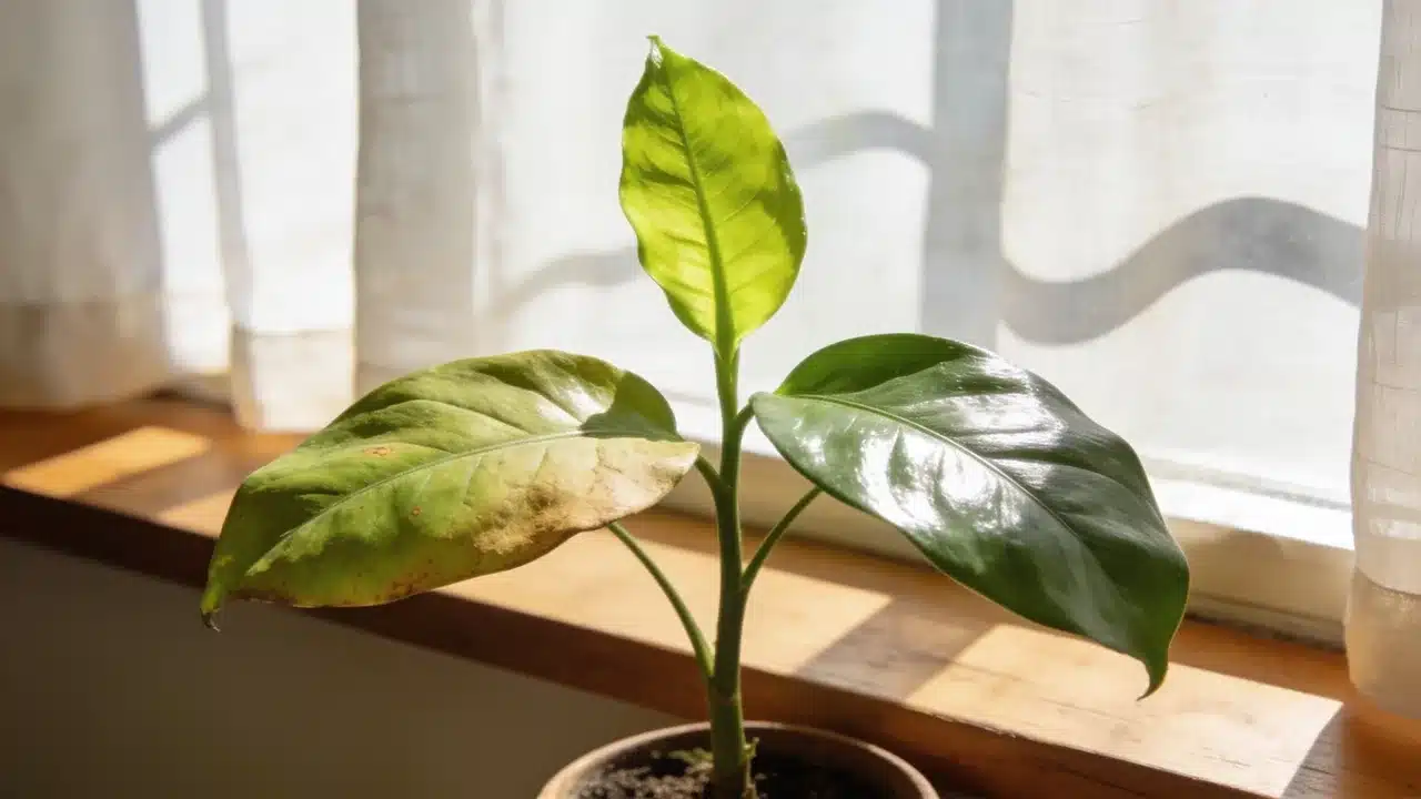 potted indoor plant with yellow lower leaves and healthy green growth near a bright window for plant care guidance