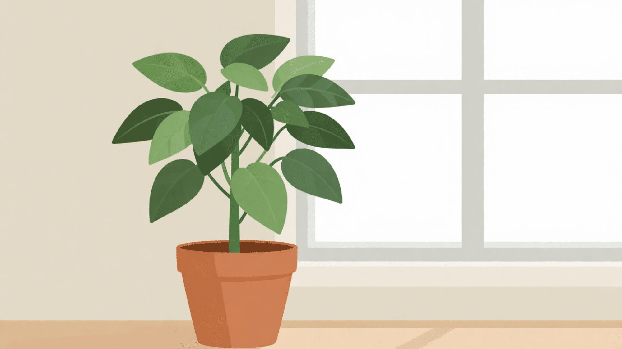 potted mandevilla plant being moved to a bright indoor spot near a window in flat vector style