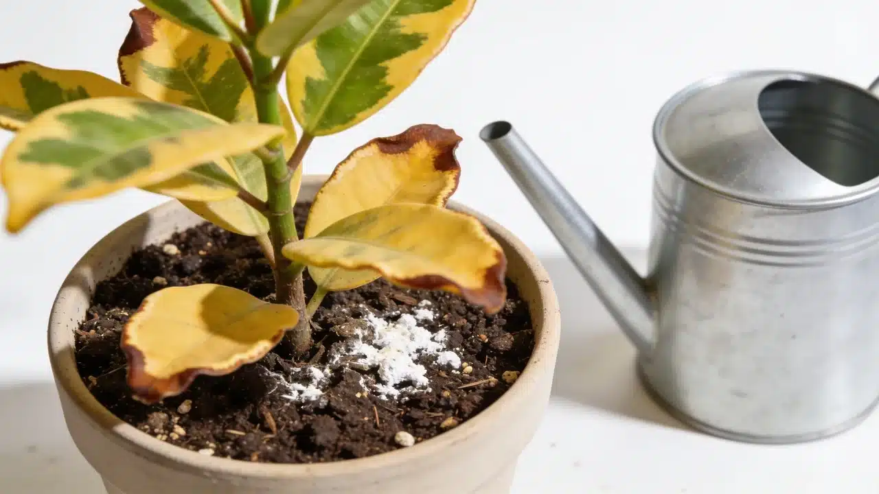 potted variegated plant with yellow brown leaves, white soil residue, and a metal watering can