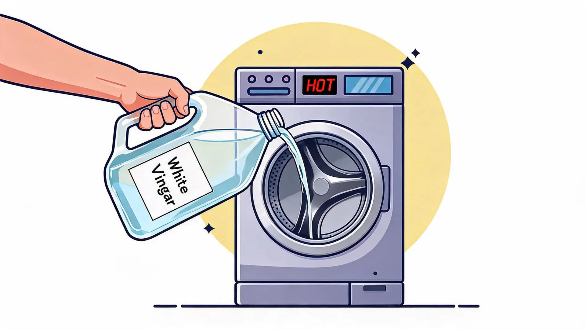 pouring white vinegar from a glass jug into an empty stainless steel washing machine drum to remove bad odors
