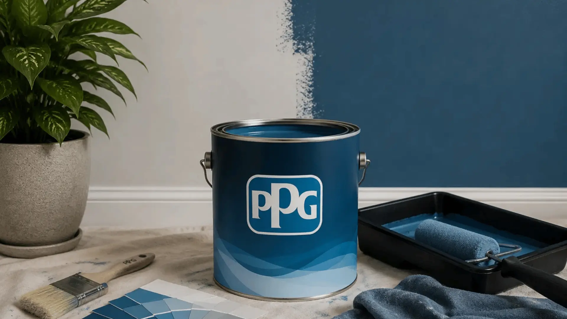 ppg industries paint can with color swatches roller and brush beside a wall being painted blue