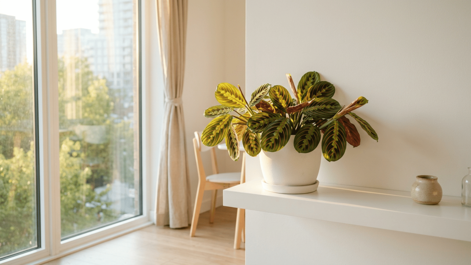 prayer plant in white pot on floating shelf near large window with soft natural sunlight indoors