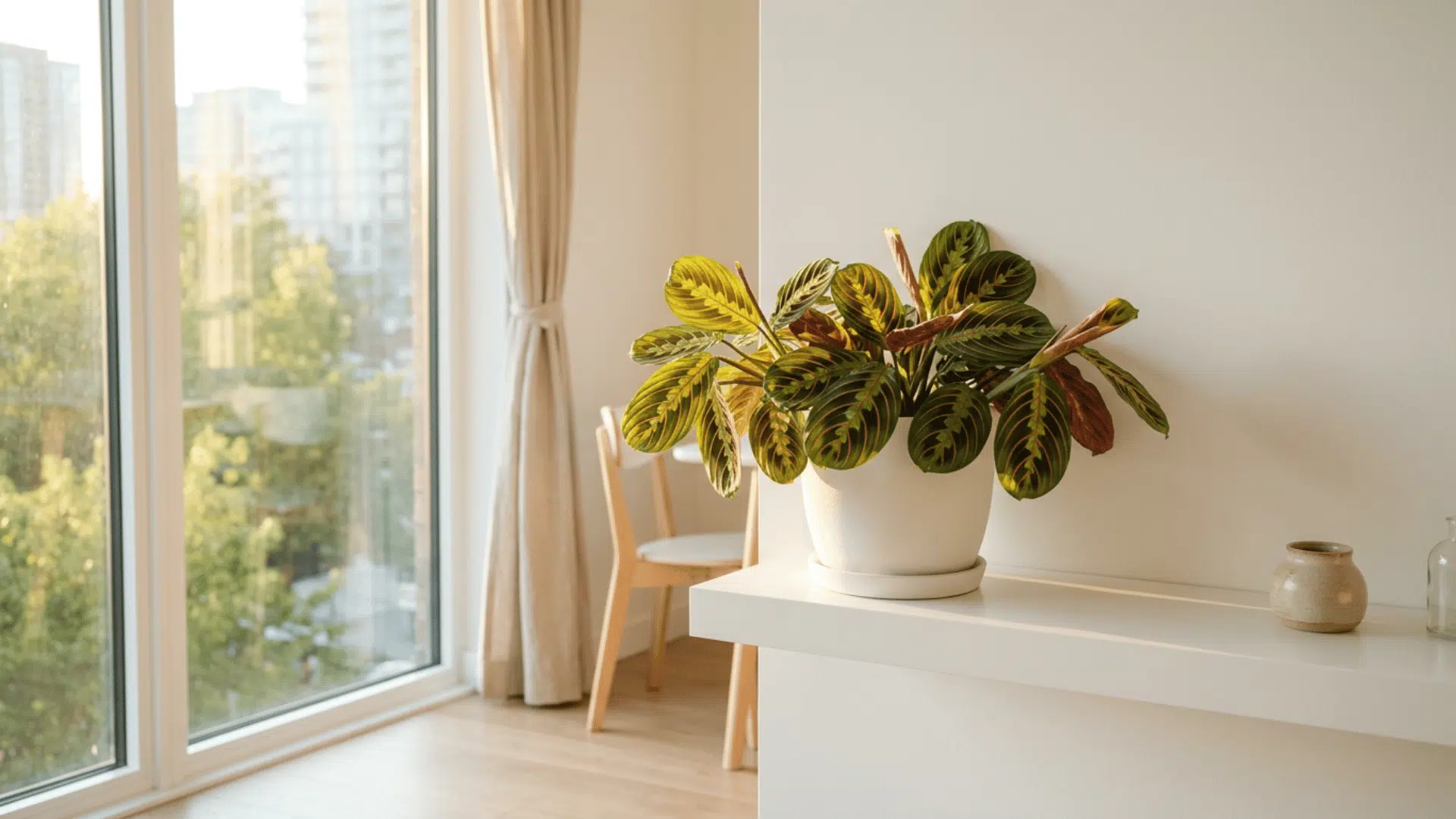 prayer plant in white pot on floating shelf near large window with soft natural sunlight indoors