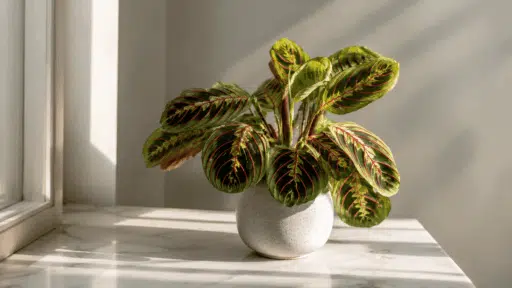 prayer plant with vibrant pink veined leaves in a white pot on a sunlit marble windowsill indoors