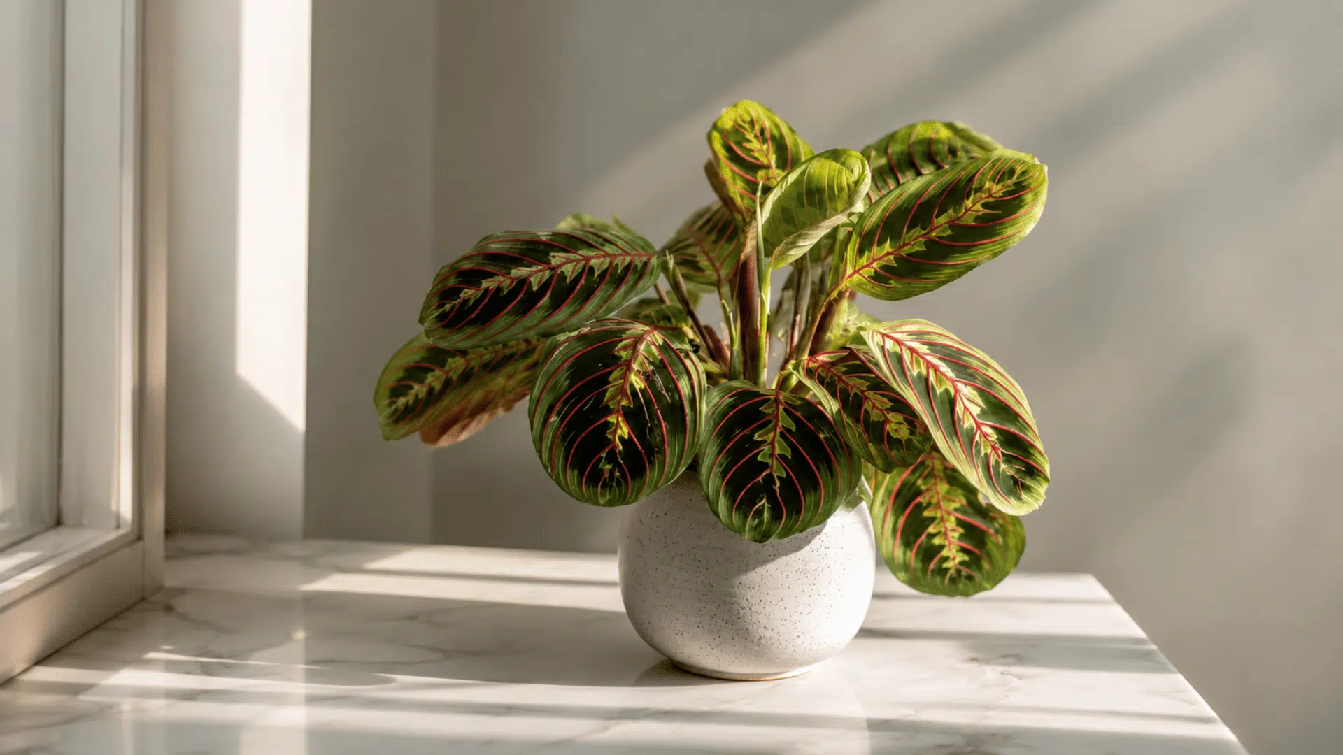 prayer plant with vibrant pink veined leaves in a white pot on a sunlit marble windowsill indoors