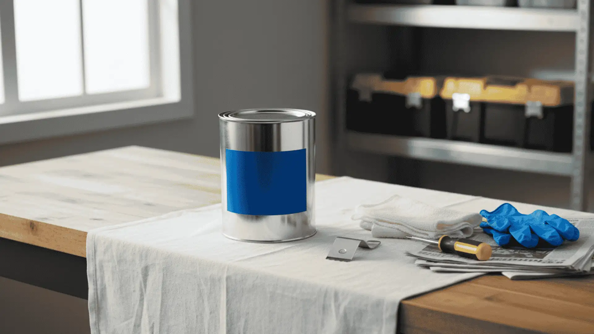 paint can on covered table with gloves rag opener and drop cloth ready for a clean painting setup