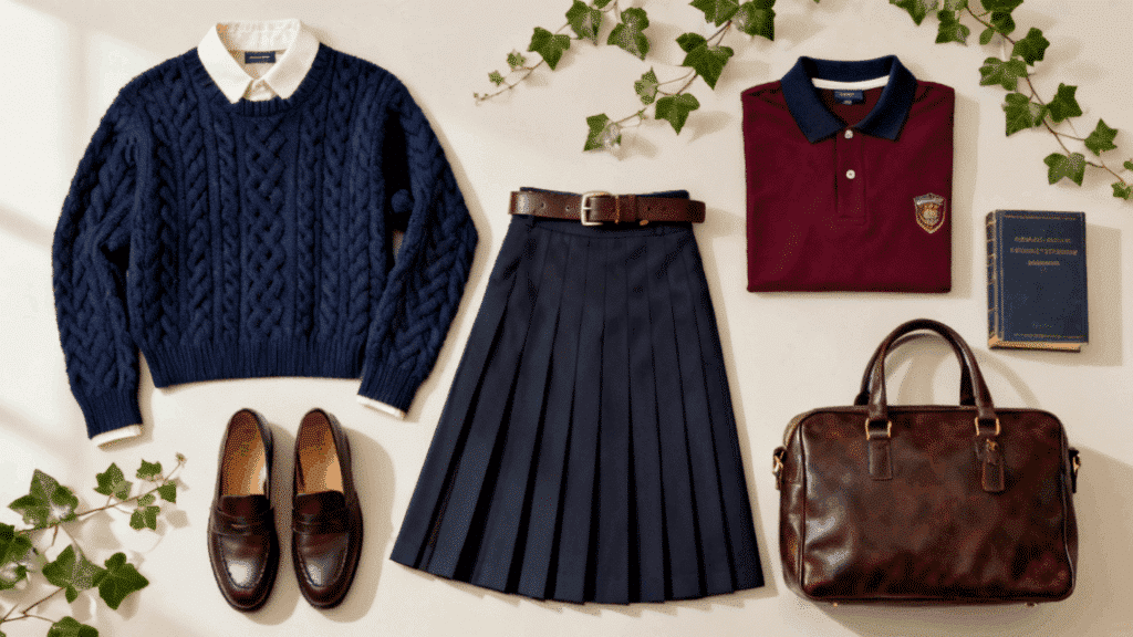 preppy aesthetic featuring cable knit sweater pleated skirt loafers and classic collegiate inspired fashion