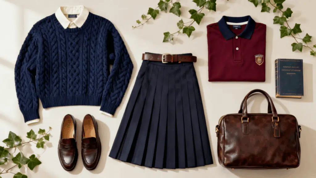 preppy aesthetic featuring cable knit sweater pleated skirt loafers and classic collegiate inspired fashion