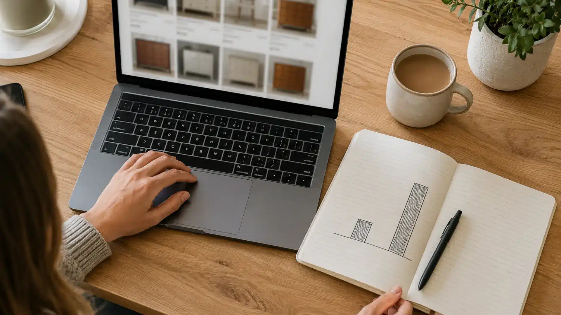 a realistic overhead lifestyle photograph of a person sitting at a light wood desk with a laptop open showing a blurred grid of furniture listing thumbnails with completely unreadable price indicators, beside the laptop an open notebook with a hand drawn simple chart showing a small bar and a tall bar side by side representing buy price versus sell price with no numbers or words written, a pen resting on the notebook, and a cup of coffee nearby under warm natural window light