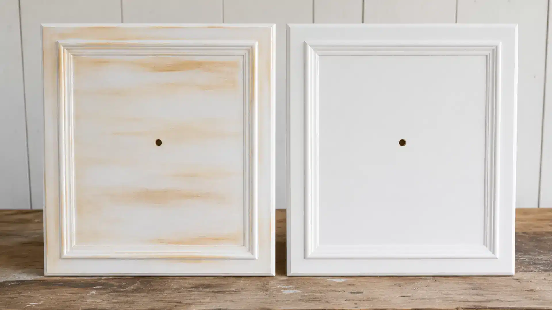 a realistic split photograph showing two dresser drawer fronts propped upright side by side against a white wall under clean natural lighting, with the left drawer front painted in soft white showing visible yellowish brown tannin bleed-through staining the surface unevenly as a result of skipping primer, and the right drawer front painted in the same soft white showing a perfectly smooth flawless and even finish as the result of proper priming before painting